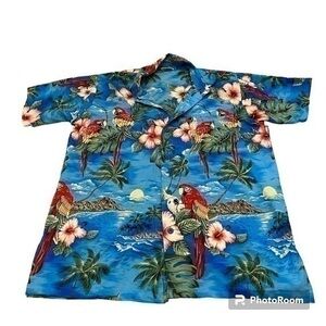 Rima tropical macaw and cockatoo Hawaiian button down shirt